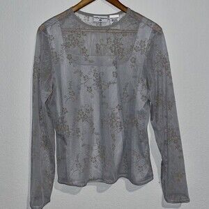 Kathy Ireland large Woman’s light blue gray sheer Top under solid top grunge Y2k